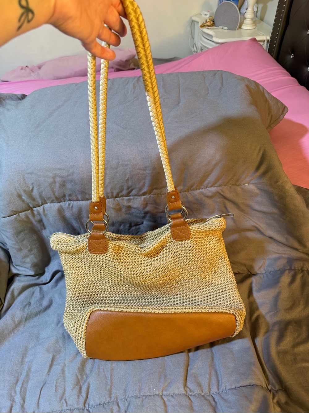 The Sak Woven Straw Shoulder Bag with Tan Leather Accents